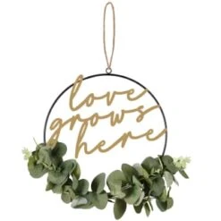 B&M Botanical Garden Hanging Hoop With Slogan -Garden Supply Store 379615 botanical garden metal hoop with gold wording and leaves love grows here