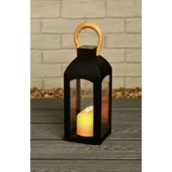 Garden Supply Store -Garden Supply Store 393040 solar powered wooden effect handle lantern with flame effect candle